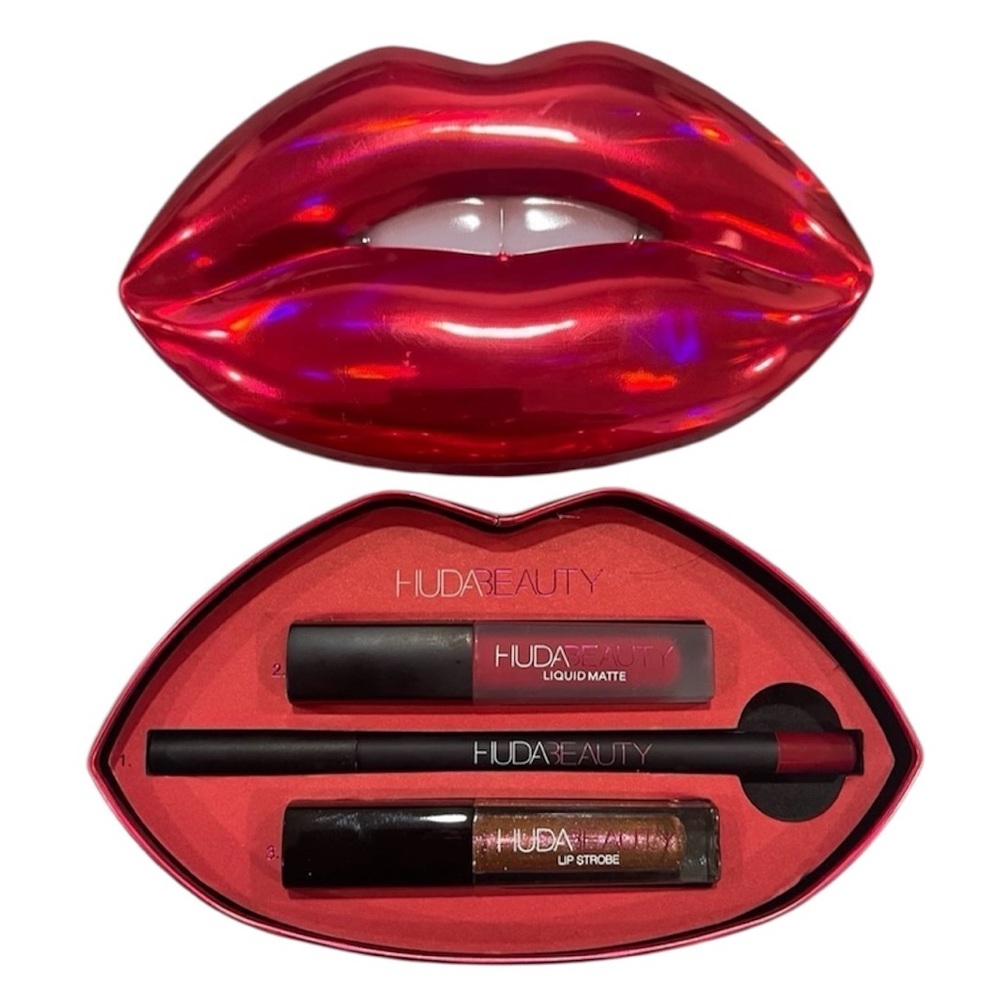 HUDA BEAUTY Contour & Strobe Lip Set (Lip pencil+ Liquid Lipstick+ Gloss) NEW